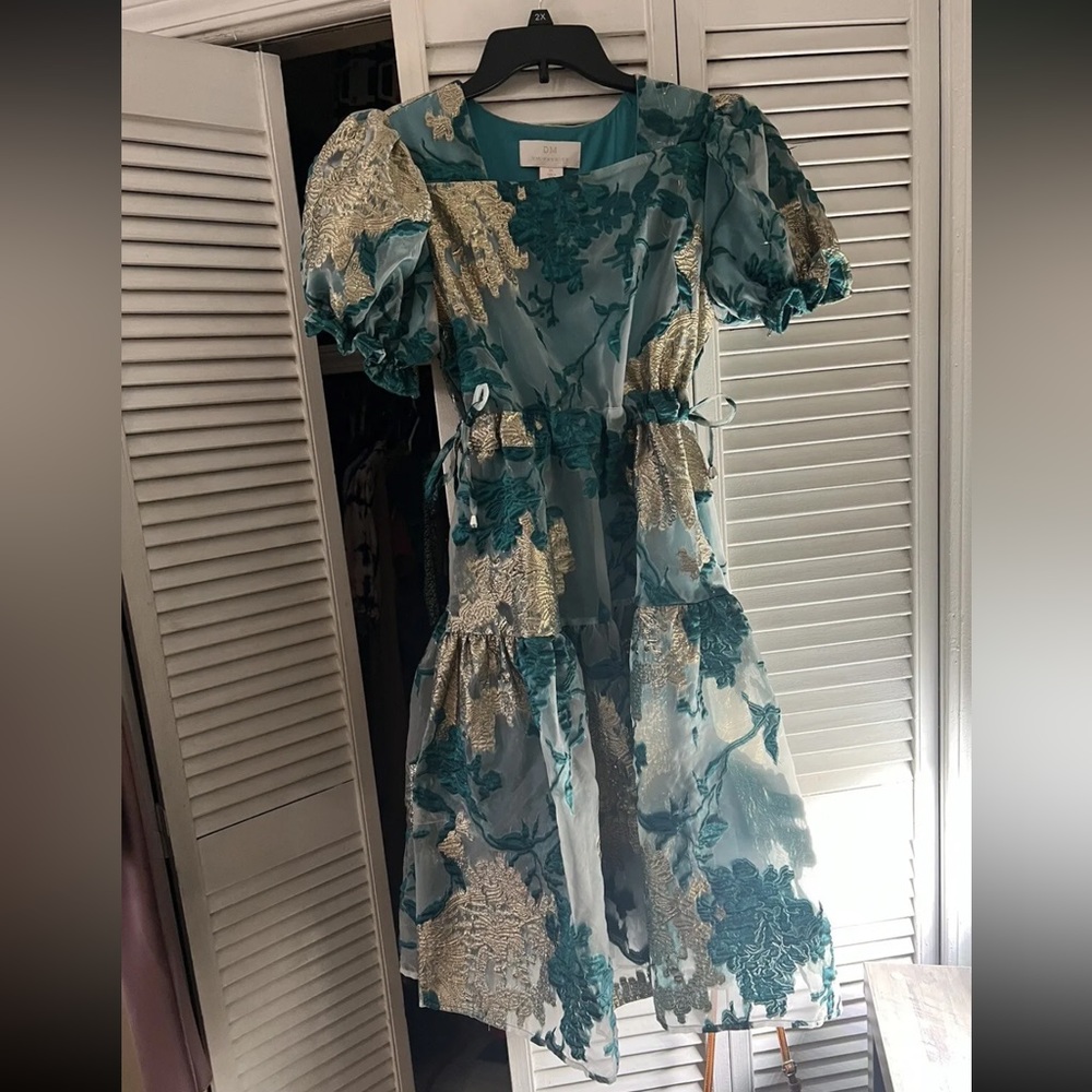 DM Fashion Jacquard Teal & Gold Dress Xs (size 4-6)